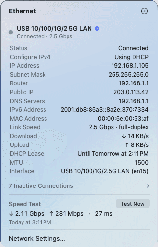 The EtherBar panel showing connection status, IP address, DNS servers, link speed, live download and upload rates, and the last speed test result