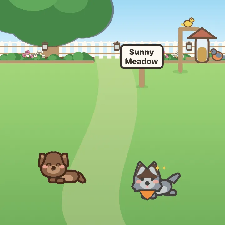 A yard with a shade tree, flower beds, lanterns, a bird feeder and a sign that says Sunny Meadow