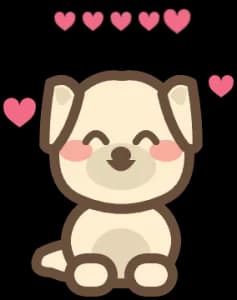 A puppy being petted, with all five hearts full above its head