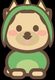 A cartoon puppy in a green dinosaur hood