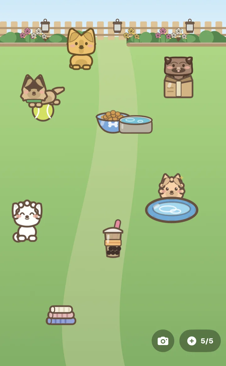 A sunny Puppy Yard yard with flower beds, lanterns and a water trough, and puppies on a tennis ball, in a cardboard box and in a splash pool