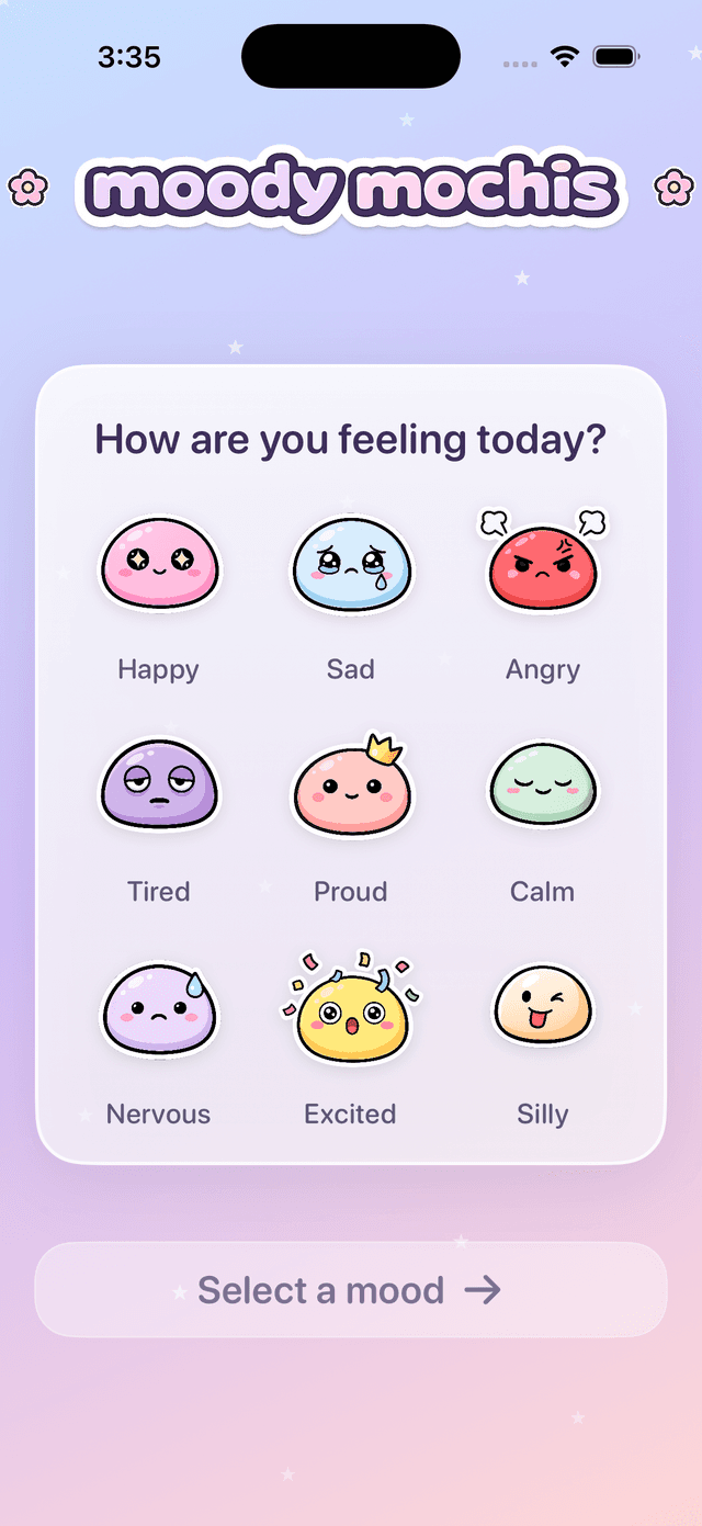 Moody Mochis mood picker screen