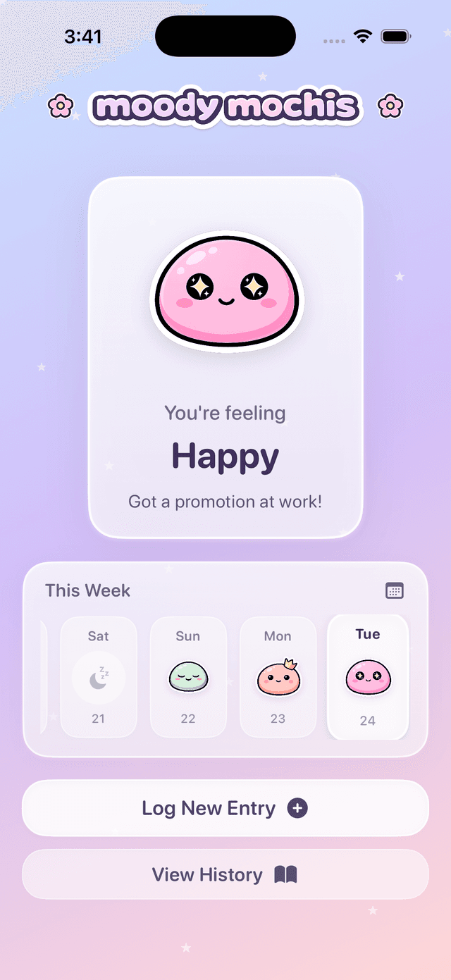 Moody Mochis home screen showing mood and week view