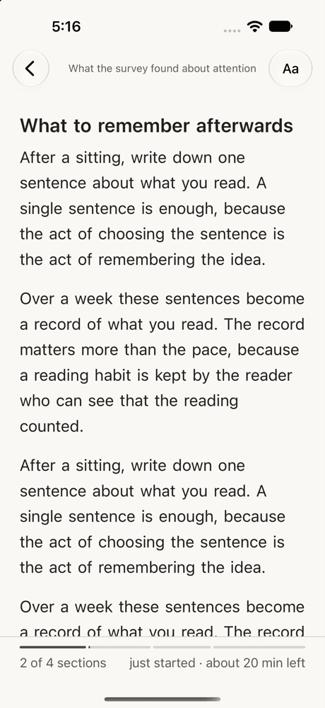 The Pageminded reader: one section of calm text, with a thin progress bar and the time left at the bottom.